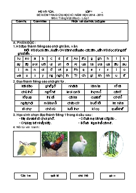 Đề kiểm tra giữa học kì I Toán lớp 1 - Năm học 2014-2015